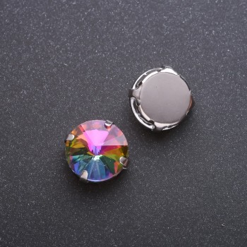 Price per pack / 10 pcs. Sew-on Rivoli Crystal in Bezel, Round 13mm Yellow-Pink