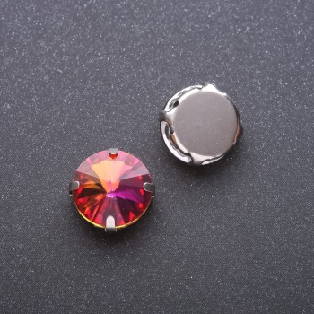 Price per pack / 10 pcs. Sew-on Rivoli crystal with post, round 13mm Raspberry-Yellow
