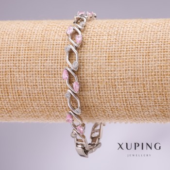 Xuping bracelet with pink stones, 9 mm thick, 17-19 cm long, rhodium-plated with extender chain