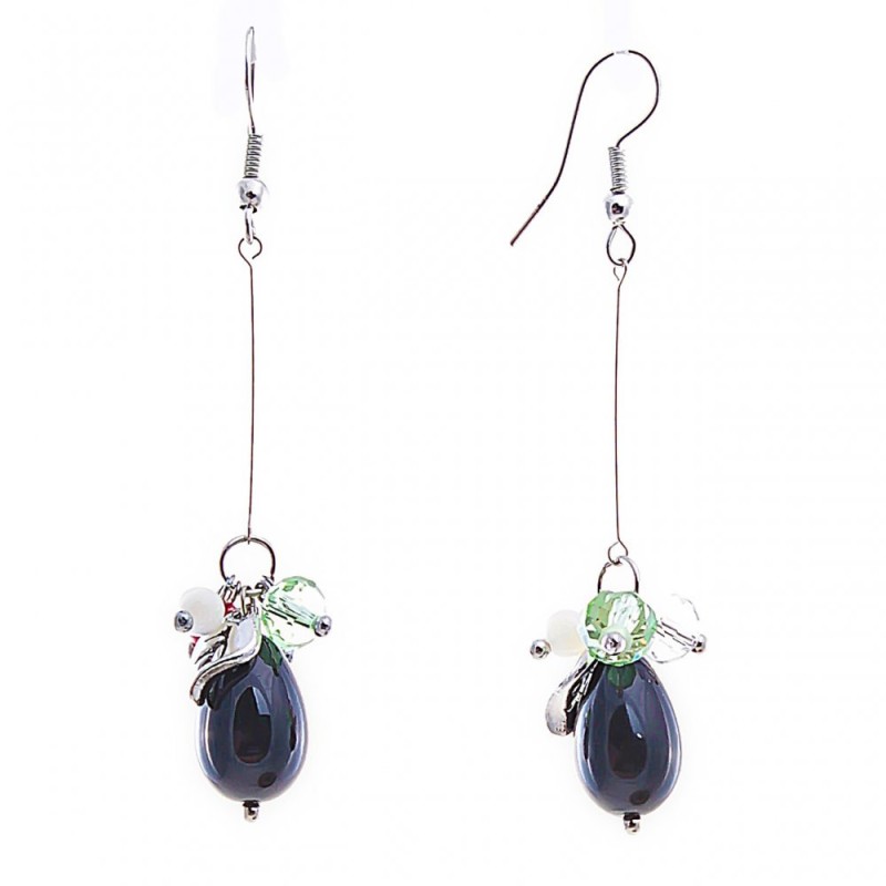 Drop earrings with white and red beads in 'agate' style, 65mm long