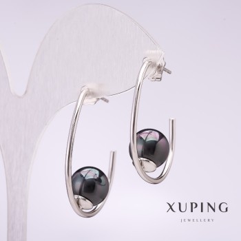 Xuping Earrings Clip with Black Mallorca Bead 33x10mm Rhodium