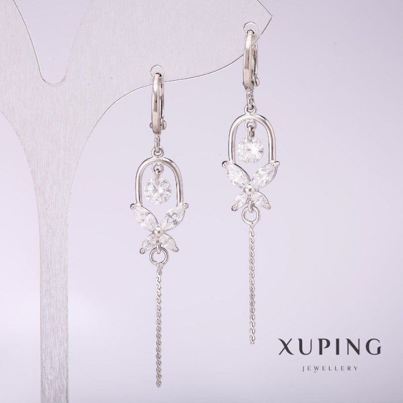 Xuping Earrings with White Stones 55×10 mm Rhodium