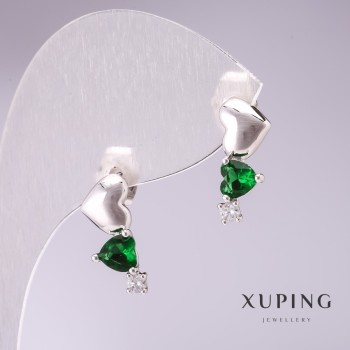 Xuping Earrings - Garland of Hearts with Green Stones, 17x7mm, Rhodium