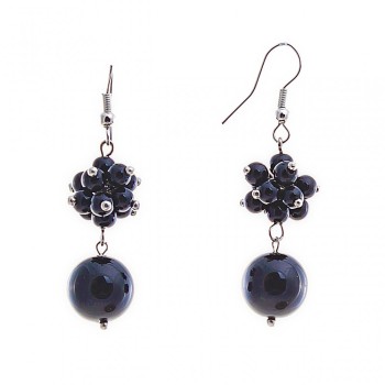 Drop earrings with small and large black agate, silver-plated metal, 40 mm