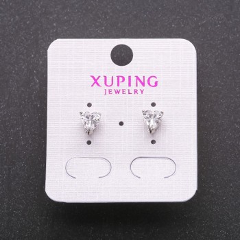 Xuping heart-shaped rhodium-plated stud earrings with white stones, 6×7 mm