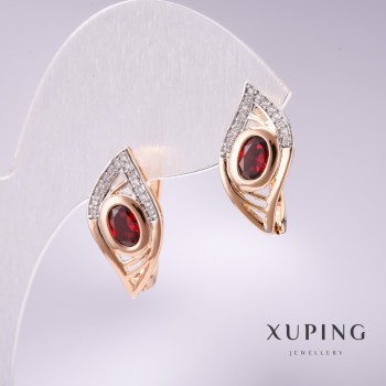 Xuping Earrings with Red Stones, 19x10 mm Rhodium and 18K Gold Plating