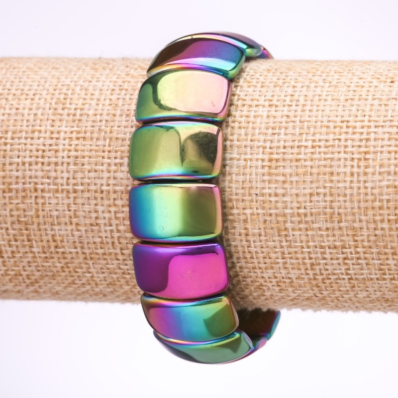 Hematite bracelet with rainbow plating 'Benzini' – 12×20 mm links, 18 cm length, on elastic