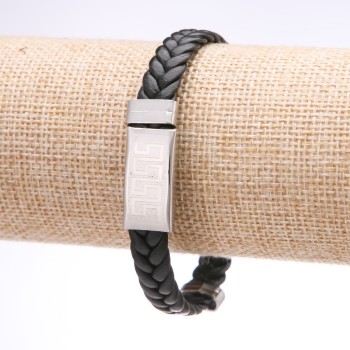 Unisex Bracelet with Greek Ornament, Eco-Leather Braided, Steel Plate, Thickness 12 mm, Length 20 cm