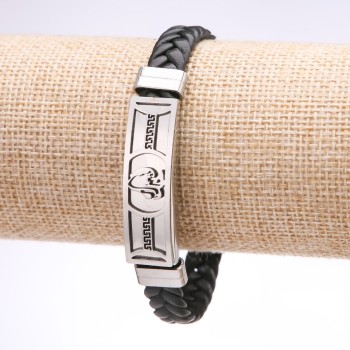 Unisex bracelet with Greek ornament, eco-leather braid, steel plate, 12 mm thick, 20 cm long