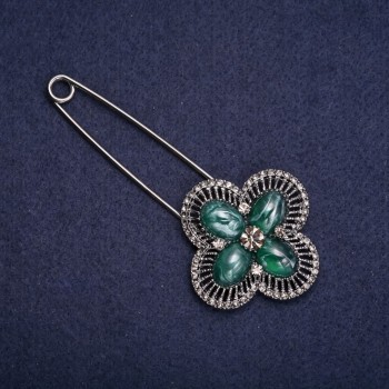Brooch pin with gray crystals and green inlays, 92x42 mm, dark silvery metal
