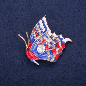 Butterfly Brooch with White Crystals, Blue and Red Enamel, 40x38mm, Yellow Metal