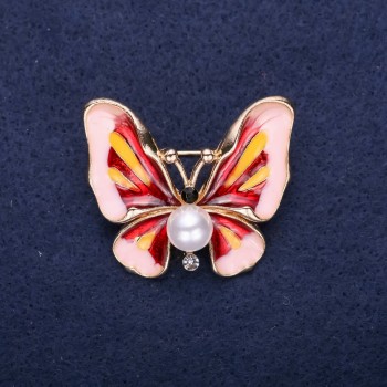 Butterfly Brooch with Pearl Bead, Pink and Red Enamel, 30x35mm, Yellow Metal