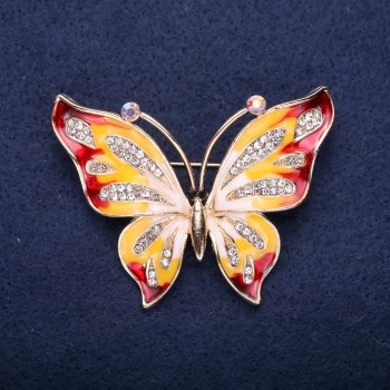 Butterfly Brooch with White Rhinestones, Red and Yellow Enamel, 42x56 mm, Gold-Tone Metal