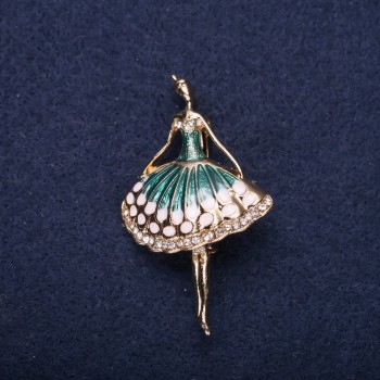 Brooch 'Ballerina' green turquoise enamel 50x30mm yellow metal