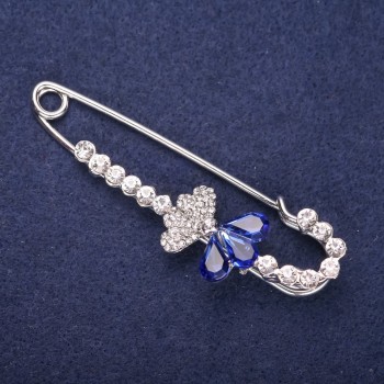 Brooch Pin 'Flower Fan' with White Crystals and Blue Stones, 70x25 mm, Silver Metal