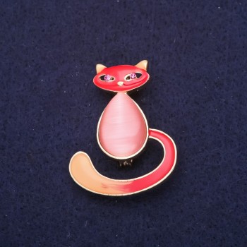 Brooch Kitty Enamel Cat's Eye Pink-Red 39x30 mm Yellow Metal