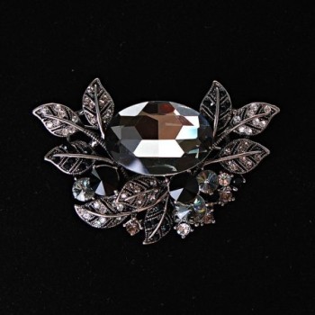 Large Accent Brooch in Botanical Design with Rhinestones and Stone, Black, White, Gray, 67×45 mm, Silver-Tone Metal