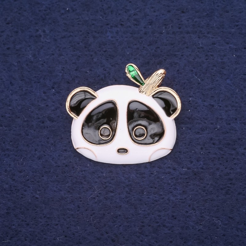 Panda enamel brooch, white, black, and green; 28×24 mm; yellow metal