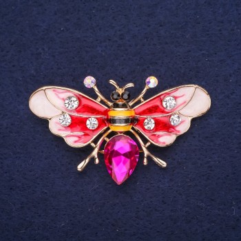 Brooch 'Butterfly-Bee' with Crystals, Enamel, and Stone, Red, White, Yellow, Black, Raspberry, 53×30 mm, Gold-Tone Metal