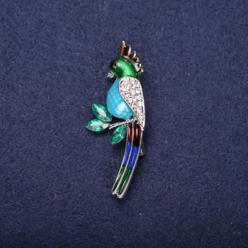 Parrot Brooch with Enamel and Crystals, blue, turquoise, green, and white colors, 50×20 mm, silver-tone metal