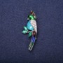 Parrot Brooch with Enamel and Crystals, blue, turquoise, green, and white colors, 50×20 mm, silver-tone metal