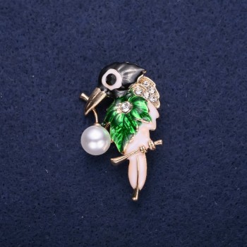 Bird Brooch with Rhinestones, Enamel in Black, White, and Green, 37×24 mm, Gold-Tone Metal