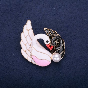 Brooch 'Birds Swans' with enamel and crystals, white, pink, black, red, 43×38 mm, gold-tone metal
