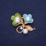 Flower Brooch with Pearl Beads and Enamel, White/Green/Blue, 34x30 mm, Gold-Tone Metal