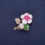 Flower Brooch with Pearl Bead, Enamel, and Crystals, White, Green and Raspberry Tones, 32×23 mm, Gold-tone Metal