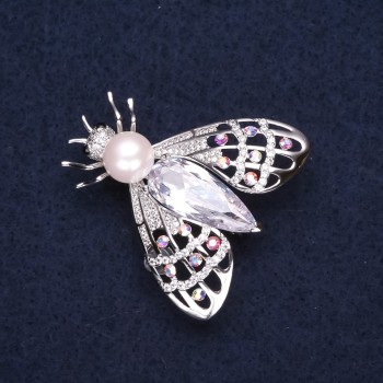Butterfly Brooch, silver-toned metal with a bead, rhinestones and a crystal, 34x35mm +