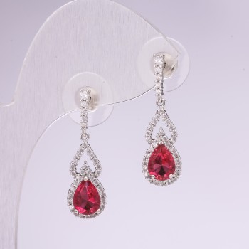 Earrings, 925 Series, with Rhinestones in Raspberry Color, 8x28 mm, Silver Metal