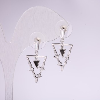 Stud Earrings Triangles, 925 sterling silver, crystals, white color, 14×28 mm, silver-tone metal
