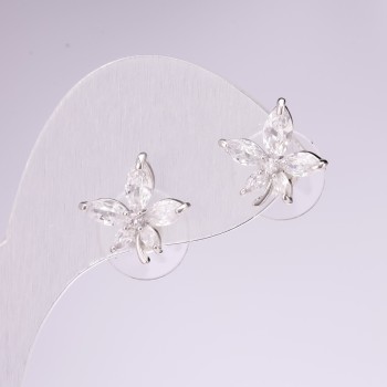 Leaves Stud Earrings, 925 Sterling Silver, with Stones, White, 14x14 mm
