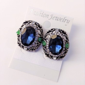 Evening stud earrings with stones and rhinestones, blue, green and white; 24x20 mm; silver-tone metal