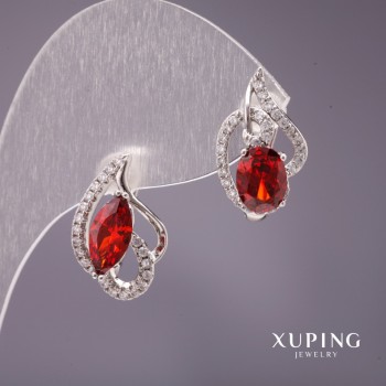 Xuping Asymmetric Earrings with Red Stone, 18x11 mm, Rhodium