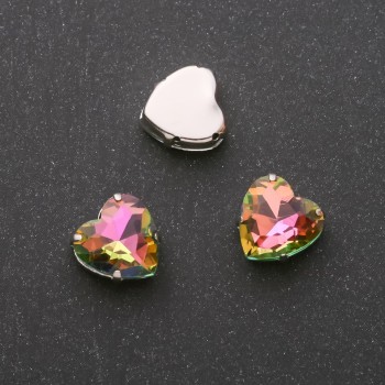 Price per pack / 10 pcs. Sew-on crystal in prong setting, Heart 14 mm, green-raspberry
