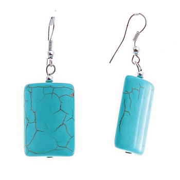 Dangling earrings with rectangular smooth cabochons resembling turquoise with veining, 45x25 mm