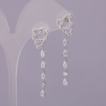 Butterfly Stud Earrings with White Crystals, Silver Metal 11x40mm