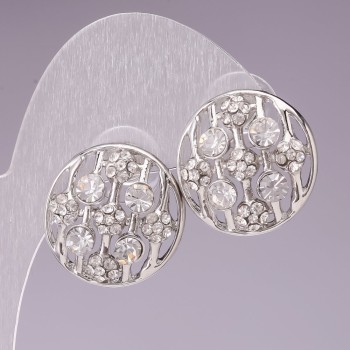 Silver-plated Circle with White Rhinestones Stud Earrings, 2 cm