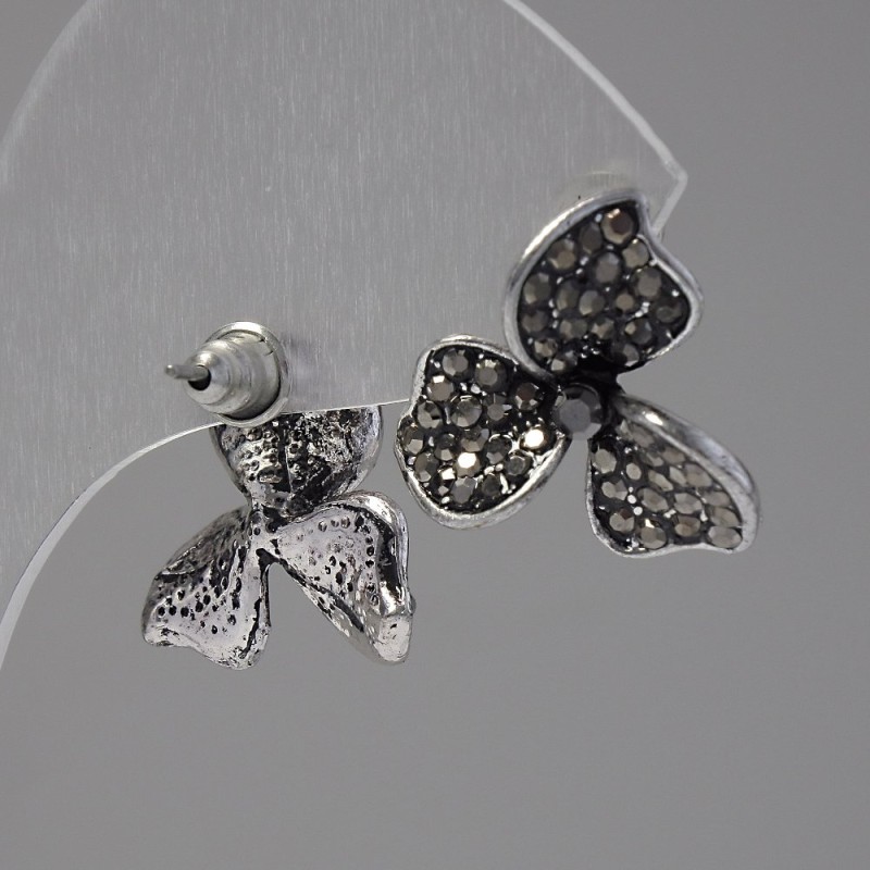 Stud Earrings "Trefoil", dark rhinestones, silver-tone metal, 20mm