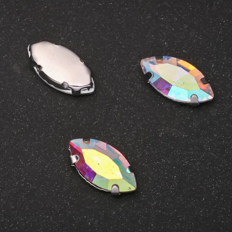 Unit price / 10 pcs. Sew-on crystal in cap, oval 9x18 mm, rainbow