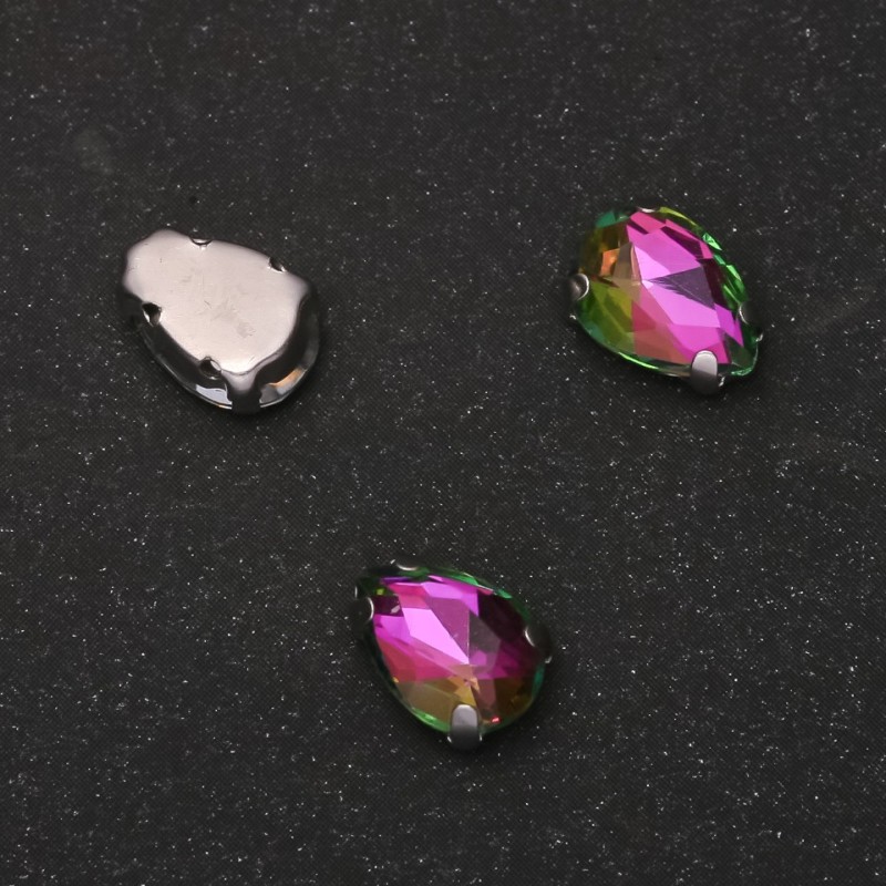 Sew-on crystal drop in cap, 7x10mm green-pink