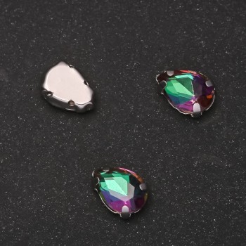 Price per pack / 10 pcs. Sew-on crystal in a stud, drop shape 7x10mm green-magenta