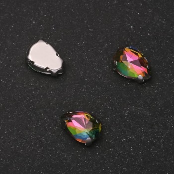 Price per pack / 10 pcs. Sew-on crystal in cap, drop-shaped, 7×10 mm, pink-green