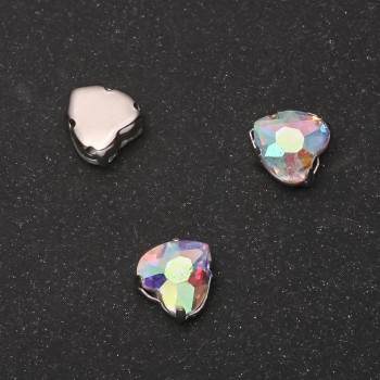 Price per pack / 10 pcs. Sew-on crystal with a pin, Heart, 8mm Rainbow