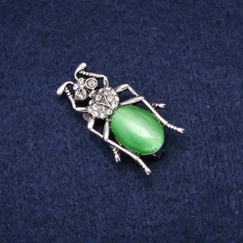 Beetle Brooch with Cat's Eye Cabochon and Crystals 23x40mm