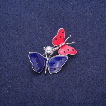 Brooch 'Butterflies in polka dots' blue and red enamel 33×25 mm