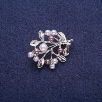 Brooch Twig with Pearls, Silver-Toned Metal 28×35mm