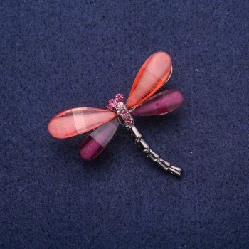 Dragonfly Brooch with Crystals, Silver-Colored Metal 32x43mm