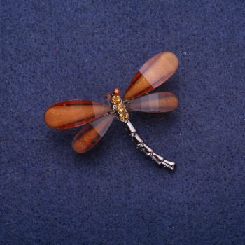 Dragonfly Brooch with Brown Crystals, Silver-Toned Metal 32x43mm
